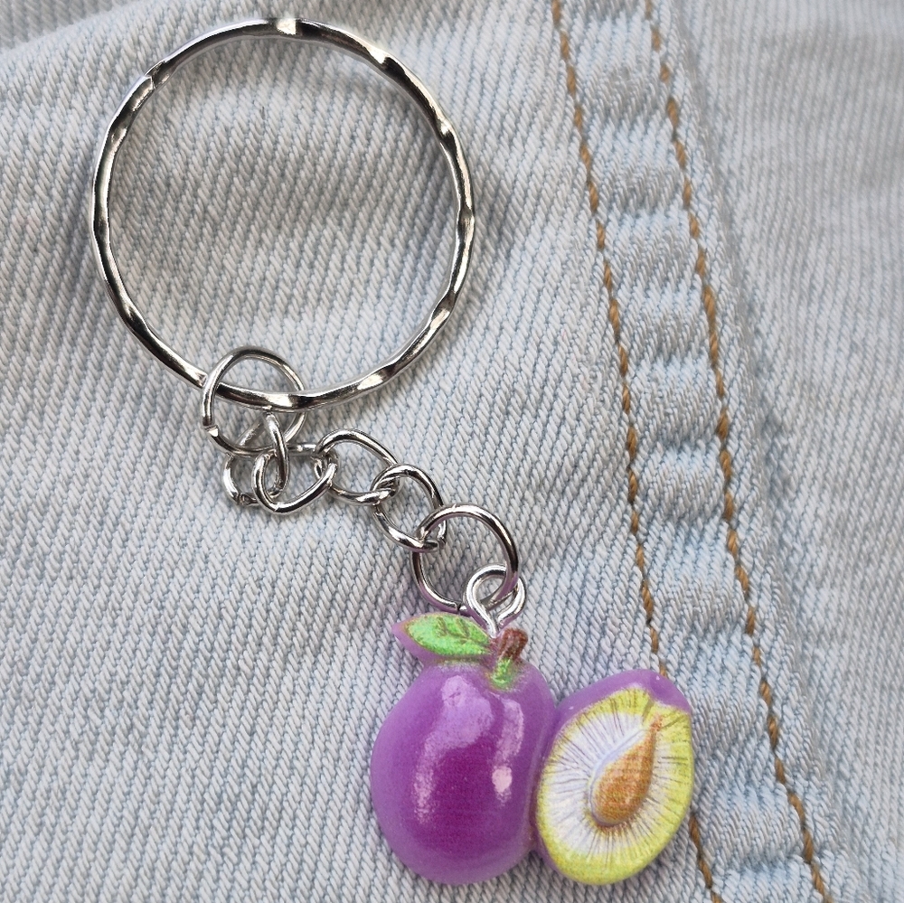 Purple Resin Fruit Charm Keychain with Silver Accents